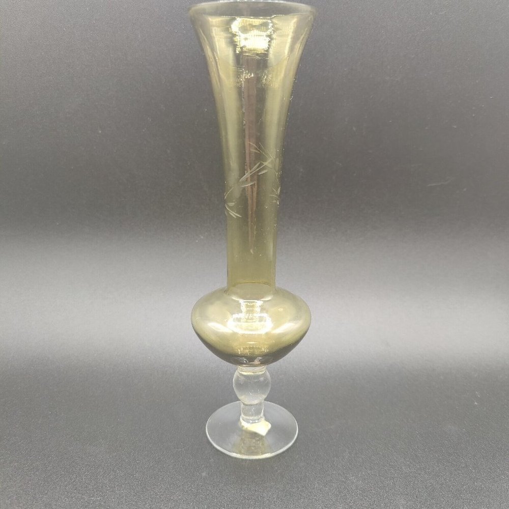 Vintage Yellow Glass Bud Vase Etched Design Nevco Made in Korea Art Glass 8.25"